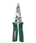 Premium Rigid Solid Steel Wire Stripper Tool With Built In Voltage Tester, 8.7 inch heavy duty electrical pliers with green grips.