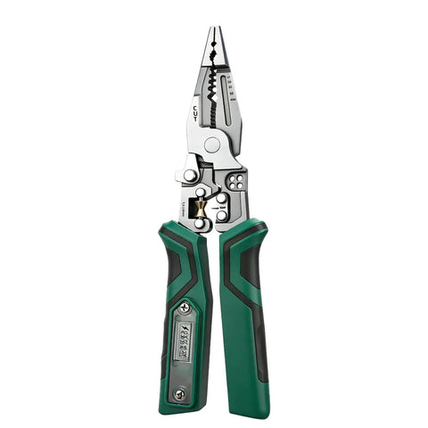 Premium Rigid Solid Steel Wire Stripper Tool With Built In Voltage Tester, 8.7 inch heavy duty electrical pliers with green grips.