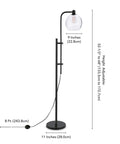 Height Adjustable Floor Lamp With Seeded Globe Glass Shade In Blackened Bronze Finish, showing dimensions and 8ft cord