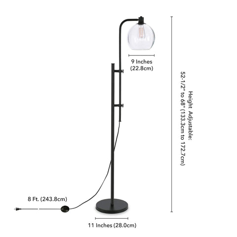 Height Adjustable Floor Lamp With Seeded Globe Glass Shade In Blackened Bronze Finish, showing dimensions and 8ft cord