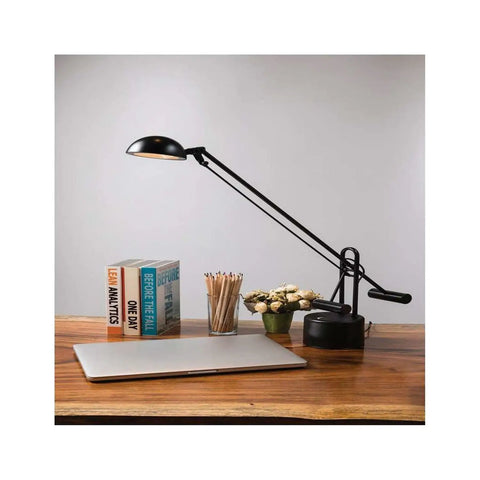 Halotech 29-Inch LED Desk Lamp With Tilting 4-Inch Metal Shade, Black Matte Finish, Counterbalanced Arm, on Wooden Desk