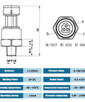 Technical diagram of 100 Psi Stainless Steel Pressure Transducer Sensor With Connector Harness And One Eighth Inch NPT Thread.