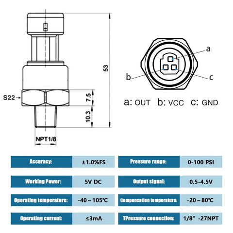 Technical diagram of 100 Psi Stainless Steel Pressure Transducer Sensor With Connector Harness And One Eighth Inch NPT Thread.