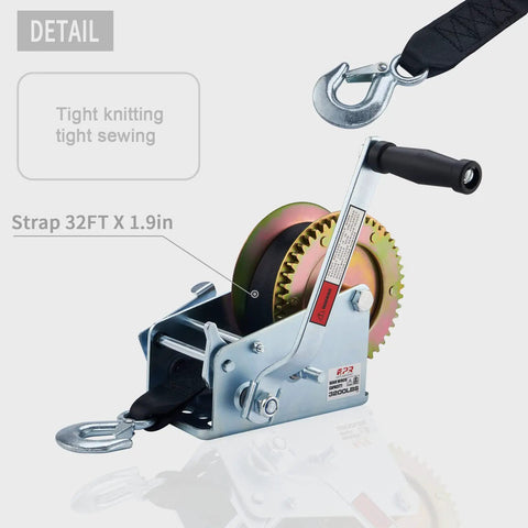 Heavy Duty 3200lbs Boat Winch Hand Crank With 32Ft Strap Two Speed Switchable Trailer Winch, steel construction detail view