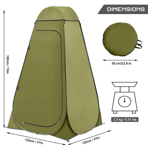 Pop Up Privacy Shower Tent With Windows For Camping And Bathroom Breaks, Portable Changing Shelter, dimensions and weight displayed, Olive Green