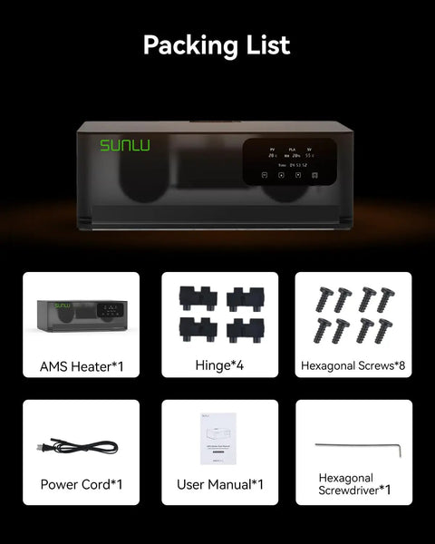 Packing list for No Sweat 3D Printer Filament Drying Heater Kit Upgrades Bambu Lab AMS Gen One, includes heater, power cord, screws.