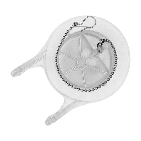 Heavy Duty Toilet Flapper Replacement Compatible With Ga715014 GEG1 Featuring Transparent Body And Rust Proof Stainless Steel Chain Hook Fits 3 Inch Valve showing top view.