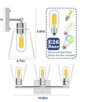 Illustration of Chrome Bathroom Vanity Light Fixtures With Three Lights, 16.9 Inch, E26 Base, showing dimensions and bulb types