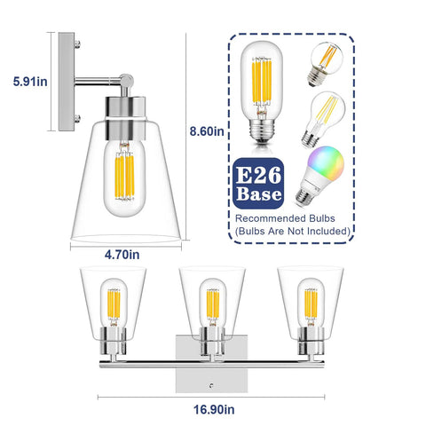 Illustration of Chrome Bathroom Vanity Light Fixtures With Three Lights, 16.9 Inch, E26 Base, showing dimensions and bulb types