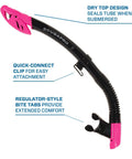 Spectra Dry Snorkel With Purge Valve And Quick Connect Clip, flexible corrugated lower tube, regulator mouthpiece, black pink