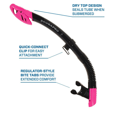 Spectra Dry Snorkel With Purge Valve And Quick Connect Clip, flexible corrugated lower tube, regulator mouthpiece, black pink