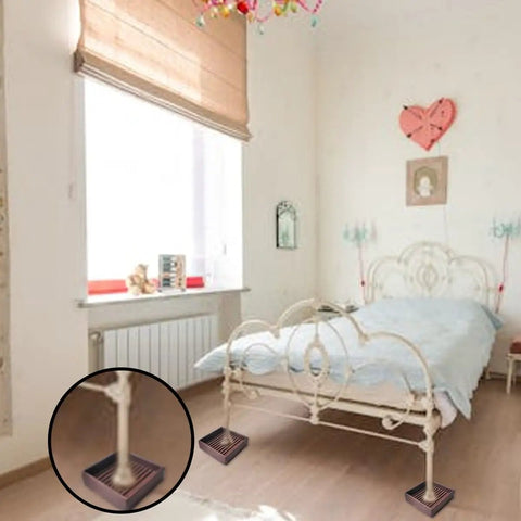 Bedroom with metal bed frame on Four Pack 2x2 Square Rubber Furniture Caster Cups Non Slip Bed Frame Stoppers Floor Protectors For All Flooring Brown Stable Quiet Scratch Free Easy To Use.