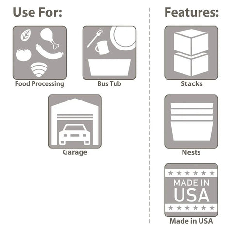 Infographic showing uses and features of Jumbo Lug Plastic Nest And Cross Stack Totes 25x16x9 Inch Gray 6 Pack Heavy Duty Storage Bins