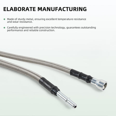 Upgraded stainless steel braided fuel line for Chevy Cobalt HHR Pontiac G5 Saturn Ion, replaces QFF0015SS, shown on white background