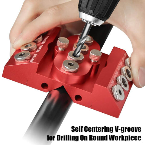 Pro Grade 30 45 90 Degree Drill Guide Jig for Straight Holes with Detachable Bushings in use on round workpiece