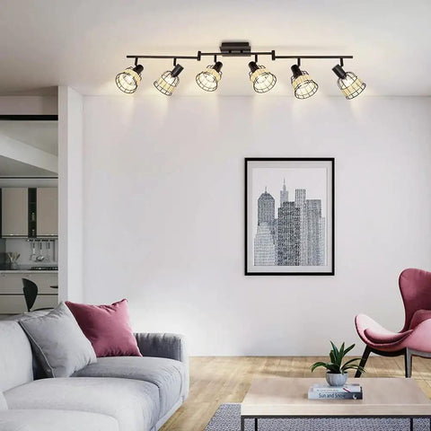 Six Light Bamboo LED Track Lighting Kit With Rattan Cage Industrial Ceiling Spotlight For Kitchen Island Living Room And Bedroom