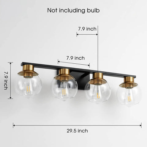 Black Gold 4 Light Vanity Light Fixture Over Mirror With Globe Glass Shades E26 Base Mid Century Modern Wall Sconce 29.5 Inch
