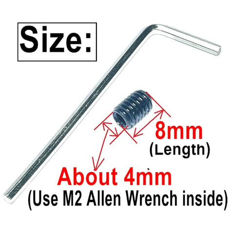 Image of an M2 Allen wrench with an M4 x 8mm stainless steel hex socket set screw with beefy Allen head.