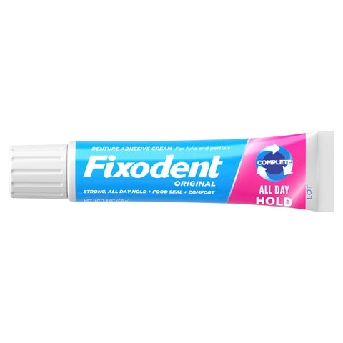 Complete Original Denture Adhesive Cream For All Day Hold And Comfort, 2.4 Oz tube, seals out food between dentures and gums