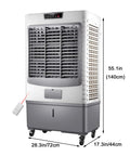 Heavy Duty Portable Swamp Cooler With 13.2 Gallon Water Tank And Six Frozen Ice Packs For Straight Up Sweat Free Relief Plus 120 Degree Oscillating Airflow To Keep Your Entire Home Seriously Chill side view with remote control.
