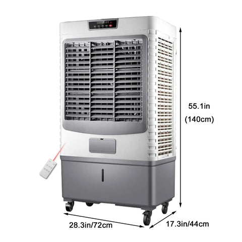 Heavy Duty Portable Swamp Cooler With 13.2 Gallon Water Tank And Six Frozen Ice Packs For Straight Up Sweat Free Relief Plus 120 Degree Oscillating Airflow To Keep Your Entire Home Seriously Chill side view with remote control.