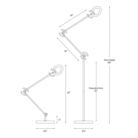 Diagram of Sage 2 In 1 LED Craft Table And Floor Lamp Adjustable Floor Reading Light with measurements and dimensions