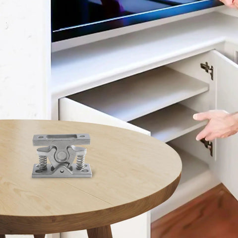 Loaded Roller Catch Door Lock Stop Clamp Steel Latch for Cabinets RV Camper Boat Black Finish on wooden table.
