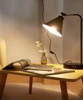 Dimmable Touch Bedside Lamp With 2 USB Ports And AC Outlet Industrial Black Nightstand Reading Light With Metal Flexible Gooseneck on table.