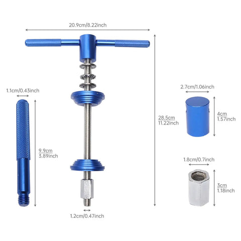 Aluminum Alloy And Stainless Steel Bike Repair Tool Kit for Headset and Bottom Bracket Removal, showing components and measurements.
