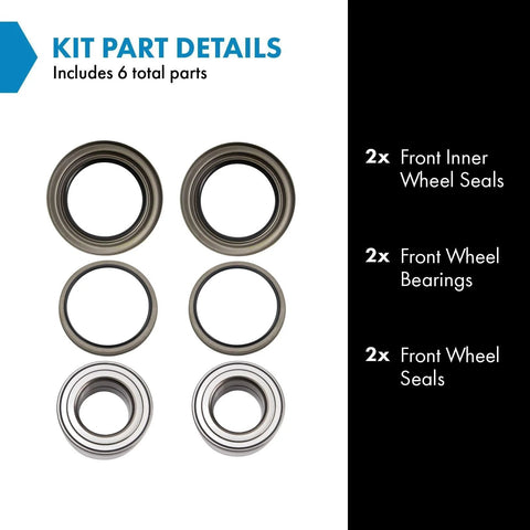 Front Wheel Bearing And Seal Kit For Toyota 4Runner Sequoia Tacoma And Tundra Fits 1995 To 2007 Models; includes 2 bearings, 4 seals.