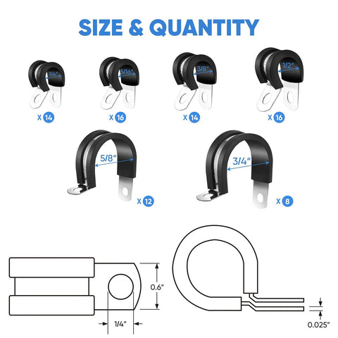 Heavy Duty Cable Clamp Set With Rubber Cushions In Six Sizes For Hoses And Pipes, 304 Stainless Steel Band Clamps, 80 Piece Combo From One Quarter Inch To Three Quarter Inch Built To Last And Easy To Install