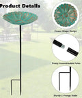 Flower Bird Bath With Metal Stake Set Of Four For Outdoor Gardens A Charming Yard Decor For Bird Lovers Each Bath Measures 7.1 Inches In Diameter And 1.3 Inches Deep With Easy To Install Stakes shown in green with assembly details.