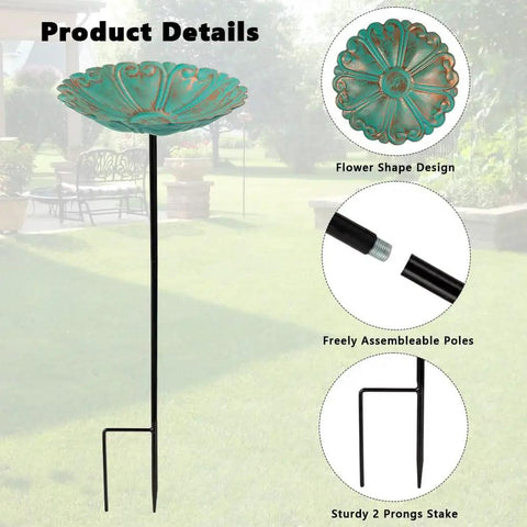 Flower Bird Bath With Metal Stake Set Of Four For Outdoor Gardens A Charming Yard Decor For Bird Lovers Each Bath Measures 7.1 Inches In Diameter And 1.3 Inches Deep With Easy To Install Stakes shown in green with assembly details.