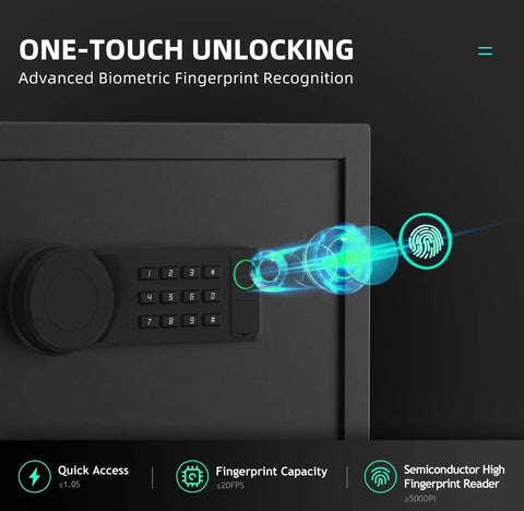 Beefy 1.7 Cubic Feet Digital Safe With Keypad And Override Keys showing biometric fingerprint recognition feature.