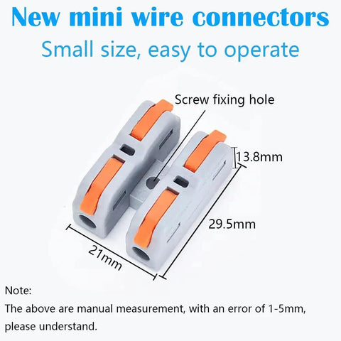 Mini Lever Nut Wire Connector Set SCH-2 With Plug-And-Play Quick Spring Terminal Blocks, dimensions shown, two connectors