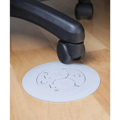 Round Floor Box Cover Kit Nonmetallic With Two Lift Lids For Hubbell Raco 5511 Floor Box Gray on hardwood floor with chair wheel