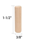 Close-up of a single grooved hardwood dowel pin measuring 3/8 inch by 1-1/2 inch from the Wooden Dowel Pins Pack Of 120 Three Eighths Inch By One And A Half Inch Straight Grooved Pins With Beveled Ends Tapered For Furniture Doors And Art Projects Hardwood Durable And Easy To Use For Quick Fixes And Craft Builds DIY Friendly.