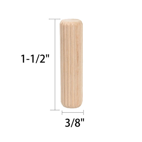 Close-up of a single grooved hardwood dowel pin measuring 3/8 inch by 1-1/2 inch from the Wooden Dowel Pins Pack Of 120 Three Eighths Inch By One And A Half Inch Straight Grooved Pins With Beveled Ends Tapered For Furniture Doors And Art Projects Hardwood Durable And Easy To Use For Quick Fixes And Craft Builds DIY Friendly.