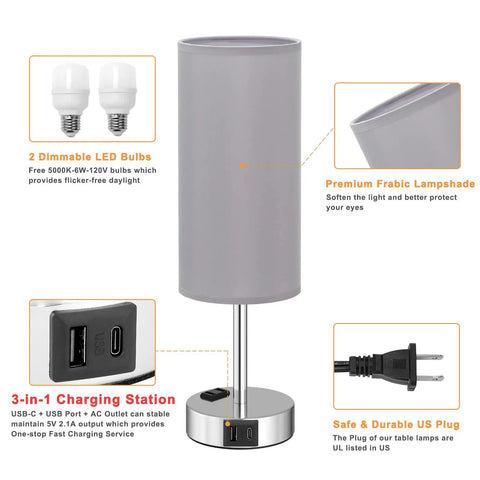 Three Way Dimmable Touch Lamps For Bedrooms Set Of 2 With USB C Ports And Outlets, Modern Grey Nightstand Lamps For Bedside Tables