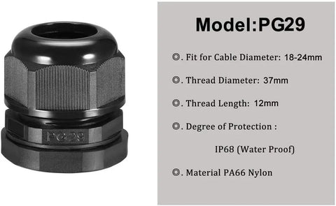 PG29 Cable Gland Joints With Gasket For 18-24mm Cable Heavy Duty Adjustable Lock Nut IP68 Waterproof Connector Black