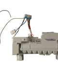 Ice maker assembly with attached wires, compatible with LG models, white plastic, featuring mounting components for easy installation.
