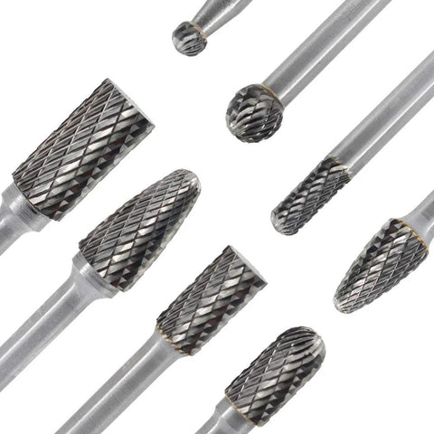 Carbide burr set, 8 pcs, 1/4-in shank, double-cut diamond grinding bits for die grinder