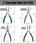 7 Inch Snap Ring Pliers Set For Internal And External Circlips With Straight And Bent Jaws 4 Piece Pro Grade Heavy Duty C Clamp Pliers And C Clip Removal Tool With Durable Storage Pouch, showing four pliers with measurement details