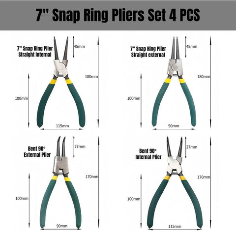 7 Inch Snap Ring Pliers Set For Internal And External Circlips With Straight And Bent Jaws 4 Piece Pro Grade Heavy Duty C Clamp Pliers And C Clip Removal Tool With Durable Storage Pouch, showing four pliers with measurement details