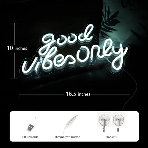 Good Vibes Only Neon Sign For Wall Decor Led Neon Light Brings Party Vibes To Your Living Room Bedroom Bar Game Room Restaurant Or Hotel White 16.5 By 10 Inches Easy Mount And Energy Efficient LED For Everyday Use And Party Ready Vibe, showing dark background with dimensions and accessories.