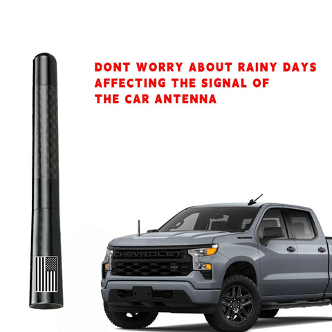 Flag Style Carbon Fiber Short Truck Antenna With Valve Stem Caps Universal Mast For Silverado F150 F250 F350 Avalanche And Other Rigs Black Weatherproof Easy Install Car Accessories next to a Silverado truck