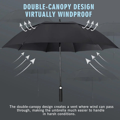 Oversized 54 Inch Windproof Golf Umbrella With Double Canopy, Black, demonstrating virtual windproof design with airflow arrows