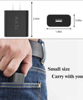 No Fuss USB Wall Charger 5V 2A Fast Charging Adapter slim design shown in hand and pocket with size dimensions