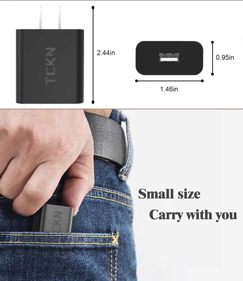 No Fuss USB Wall Charger 5V 2A Fast Charging Adapter slim design shown in hand and pocket with size dimensions
