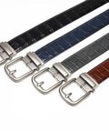 Four leather belts in black, blue, gray, and brown with automatic buckles displayed side by side.